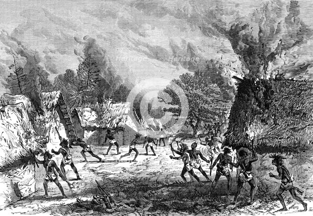 Sketches of the Ashantee War by our special artist: setting fire to a village, 1874. Creator: Unknown.