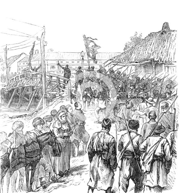 Sketches of the Insurrection in Servia; Insurgents Marching through Paratchin, 1883.  Creator: Unknown.