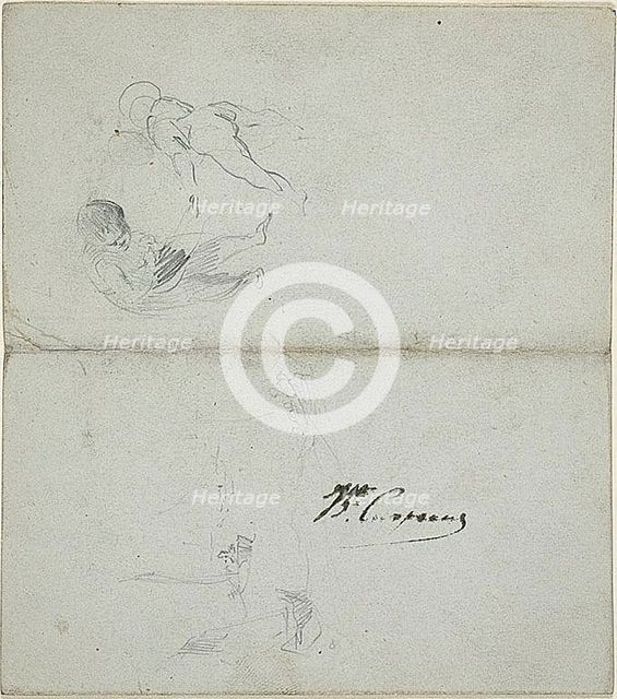Sketches of Two Children, Boats at Sea (recto); Sketches of Striding Male Figure Holdin..., 1847/75. Creator: Jean-Baptiste Carpeaux.