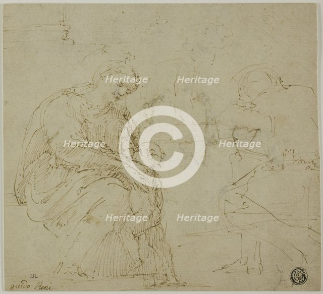 Sketches of Virgin and Child, Seated Figure, and Landscape, c. 1530. Creator: Vincenzo Tamagni.