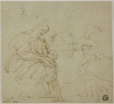 Sketches of Virgin and Child, Seated Figure, and Landscape, c. 1530. Creator: Vincenzo Tamagni