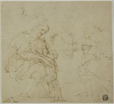 Sketches of Virgin and Child, Seated Figure, and Landscape, c. 1530. Creator: Vincenzo Tamagni