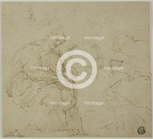 Sketches of Virgin and Child, Seated Figure, and Landscape, c. 1530. Creator: Vincenzo Tamagni.