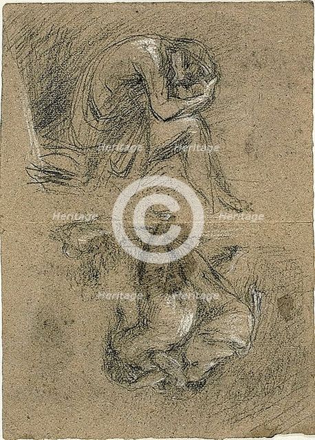 Sketches: Seated Man with Head in Hands and Two Figures Bendin..., 1847/75 (recto); 1863/64 (verso). Creator: Jean-Baptiste Carpeaux.