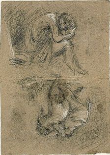 Sketches: Seated Man with Head in Hands and Two Figures Bendin..., 1847/75 (recto); 1863/64 (verso). Creator: Jean-Baptiste Carpeaux