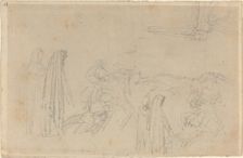 Sketches with a Hooded Figure (Virgil and Beatrice?). Creator: John Flaxman