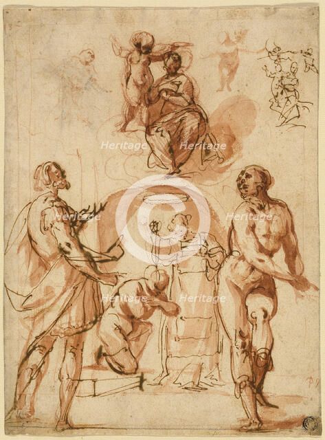 Sketches: Virgin and Child; Virgin and Child with Two Saints; Saint Baptizing Kneeling..., n.d. Creator: Giovanni Baglione.