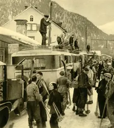 Skiers arriving at St Anton am Arlberg, Austria, c1935. Creator: Unknown