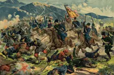 Skirmish of the Cossack Light Mounted Patrol with the Japanese in Korea, 1904. Creator: Unknown