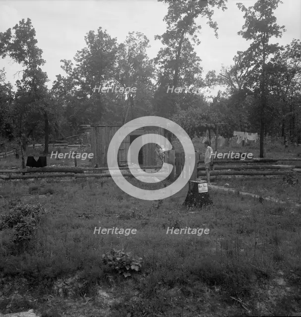 Slab house in clearing east of Atoka, Oklahoma, Atoka County, 1938. Creator: Dorothea Lange.