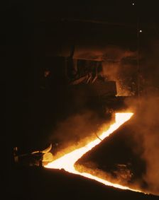 Slag run-off from one of the open hearth furnaces..., Republic Steel Corp., Youngstown, Ohio, 1941. Creator: Alfred T Palmer
