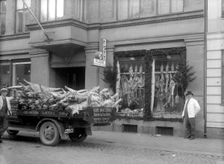 Slaughtered pigs on a lorry outside the butcher's shop. Landskrona, Sweden, 1933. Creator: Unknown