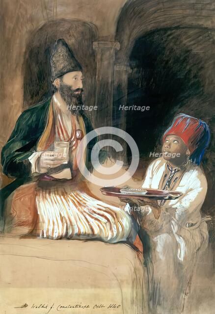 Slave bringing Sherbet to a Persian Prince (Halicoo Mirza), 1840. Creator: David Wilkie.