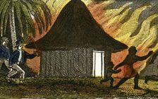 Slave traders in West Africa setting fire to huts and kidnapping inhabitants, 1824