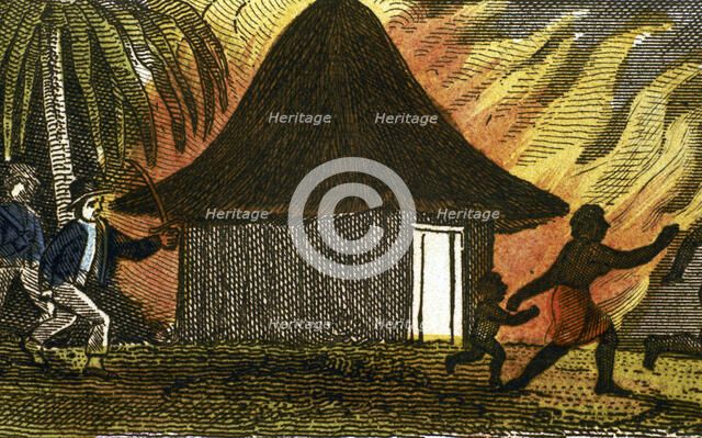 Slave traders in West Africa setting fire to huts and kidnapping inhabitants, 1824. Artist: Unknown