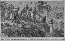 Slave traders marching their captives to the coast. Butchering disabled ones along the way, 1902. Creator: Unknown