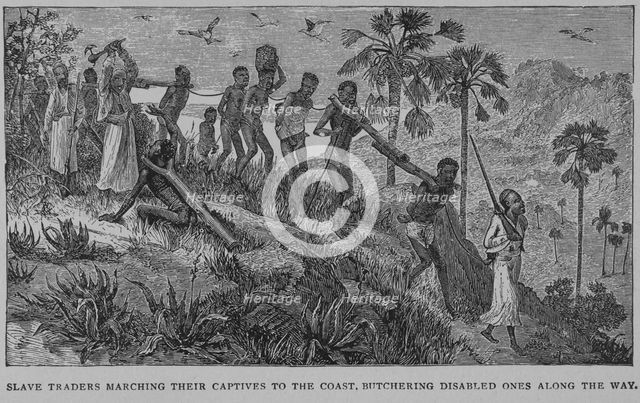 Slave traders marching their captives to the coast.  Butchering disabled ones along the way, 1902. Creator: Unknown.