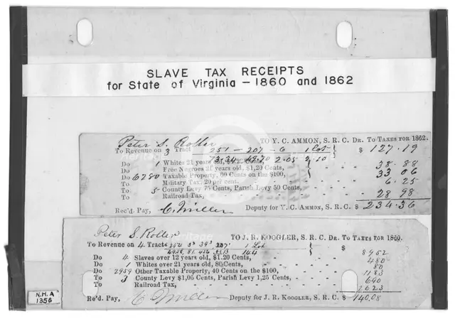 Slavery tax receipts for State of Virginia : 1860 and 1862. For Peter S. Roller, 1860-1862. Creator: Unknown.