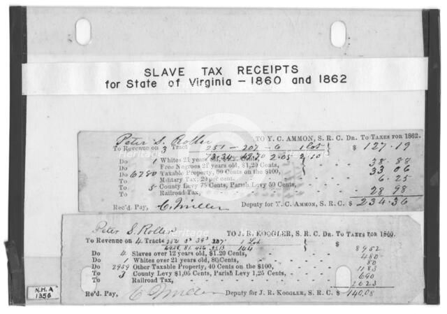 Slavery tax receipts for State of Virginia : 1860 and 1862. For Peter S. Roller, 1860-1862. Creator: Unknown.