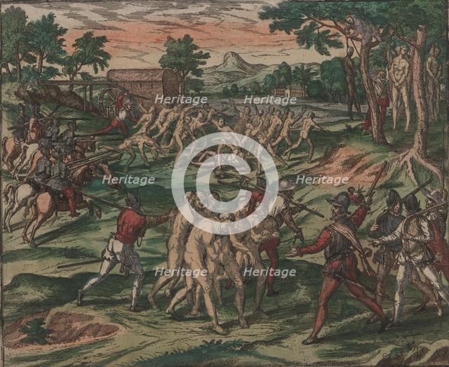 Slaves attempt to overcome their Spanish owners, but are captured and hanged from trees, 1595. Creator: Bry, Theodor de (1528-1598).