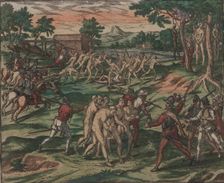 Slaves attempt to overcome their Spanish owners, but are captured and hanged from trees, 1595. Creator: Bry, Theodor de (1528-1598)