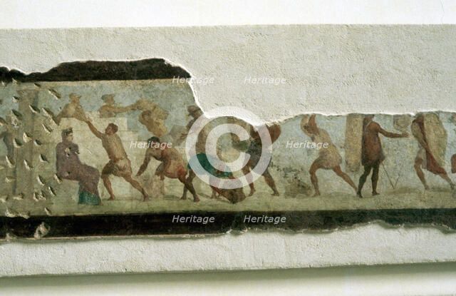 Slaves building a wall watched by a taskmaster, Roman. Artist: Unknown