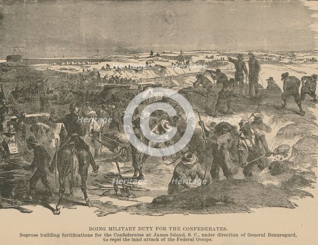 Slaves building Confederate Army fortifications at James Island, Charleston...1863 (Inferred). Creator: Unknown.