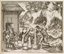 Slaves from Guinea digging for gold and silver in mines, for the Spanish in ..., 1595 (1617?) . Creator: Unknown