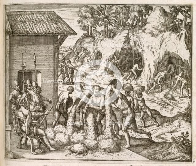 Slaves from Guinea digging for gold and silver in mines, for the Spanish in ..., 1595 (1617?) . Creator: Unknown.