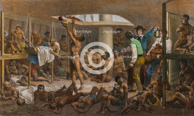 Slaves in the cellar of a slave boat, c. 1830.
