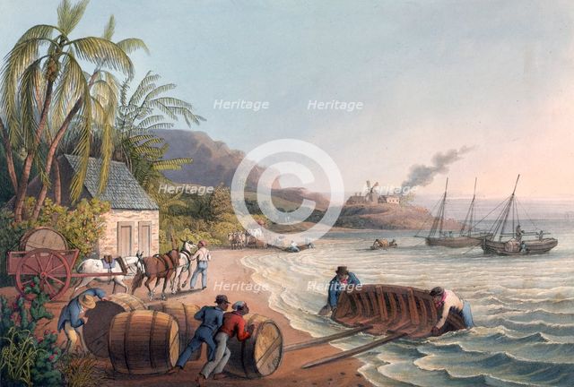 Slaves loading sugar hogsheads onto a boat, 1823. Creator: William Clark.
