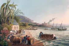 Slaves loading sugar hogsheads onto a boat, 1823. Creator: William Clark