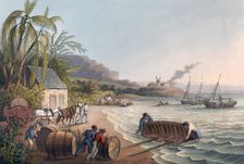 Slaves loading sugar hogsheads onto a boat, 1823. Creator: William Clark