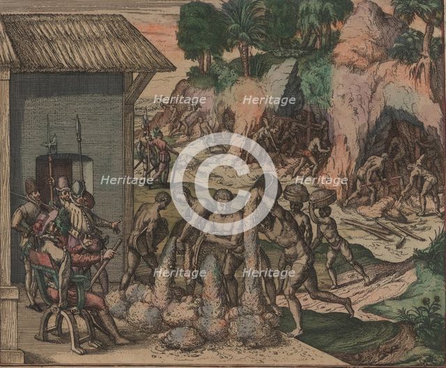 Slaves pour ore in front of European soldiers. In the background, slaves work in the mines, 1595. Creator: Bry, Theodor de (1528-1598).