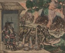 Slaves pour ore in front of European soldiers. In the background, slaves work in the mines, 1595. Creator: Bry, Theodor de (1528-1598)