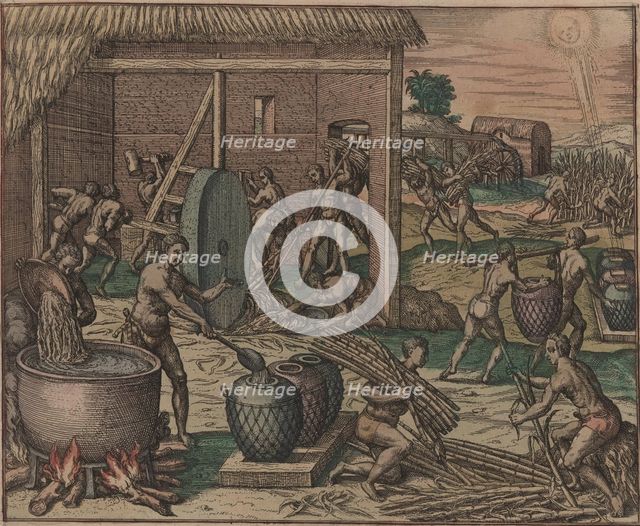Slaves process sugar cane and make sugar, 1595. Creator: Bry, Theodor de (1528-1598).