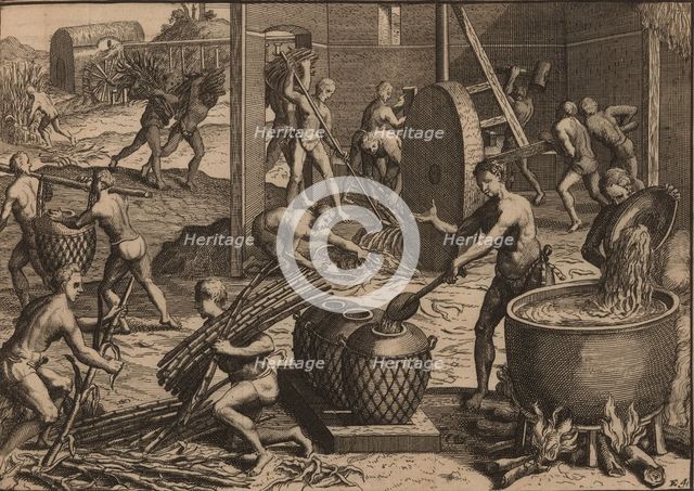 Slaves process sugar cane and make sugar. Creator: Aa, Pieter van der (1659-1733).