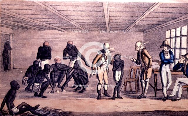 Slaves trading in Rio de Janeiro, colored lithograph.