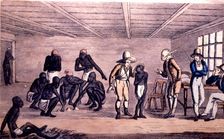 Slaves trading in Rio de Janeiro, colored lithograph