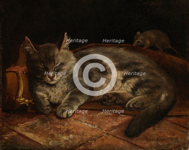 Sleeping Grey Cat and a Rat, 1864. Creator: Adolf von Becker.