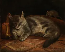 Sleeping Grey Cat and a Rat, 1864. Creator: Adolf von Becker