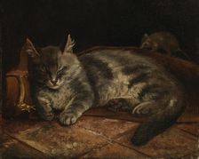 Sleeping Grey Cat and a Rat, 1864. Creator: Adolf von Becker