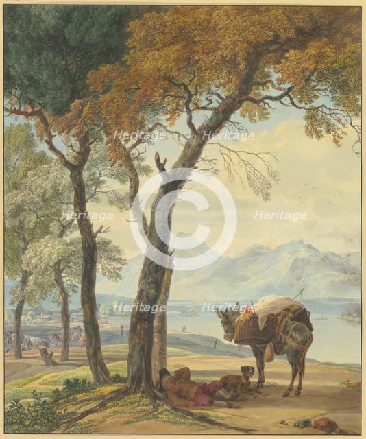 Sleeping donkey driver under a tree by a lake, 18th century. Creator: Wilhelm von Kobell.