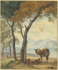 Sleeping donkey driver under a tree by a lake, 18th century. Creator: Wilhelm von Kobell
