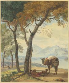 Sleeping donkey driver under a tree by a lake, 18th century. Creator: Wilhelm von Kobell
