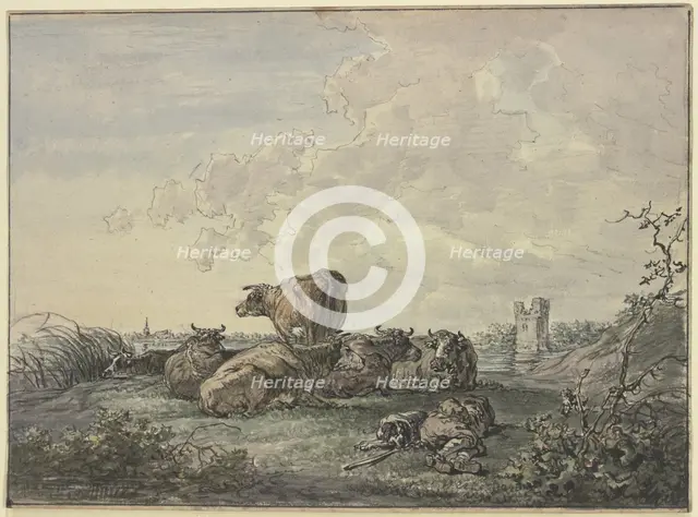 Sleeping shepherd and herd of cattle in a landscape, 18th century. Creator: Jacob van Strij.