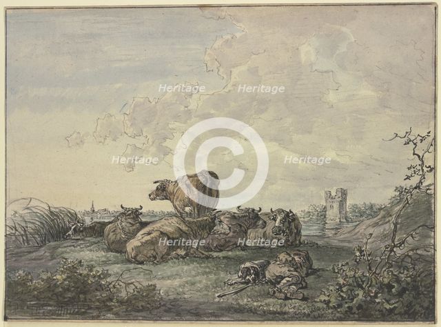 Sleeping shepherd and herd of cattle in a landscape, 18th century. Creator: Jacob van Strij.