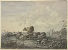 Sleeping shepherd and herd of cattle in a landscape, 18th century. Creator: Jacob van Strij