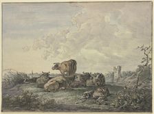 Sleeping shepherd and herd of cattle in a landscape, 18th century. Creator: Jacob van Strij