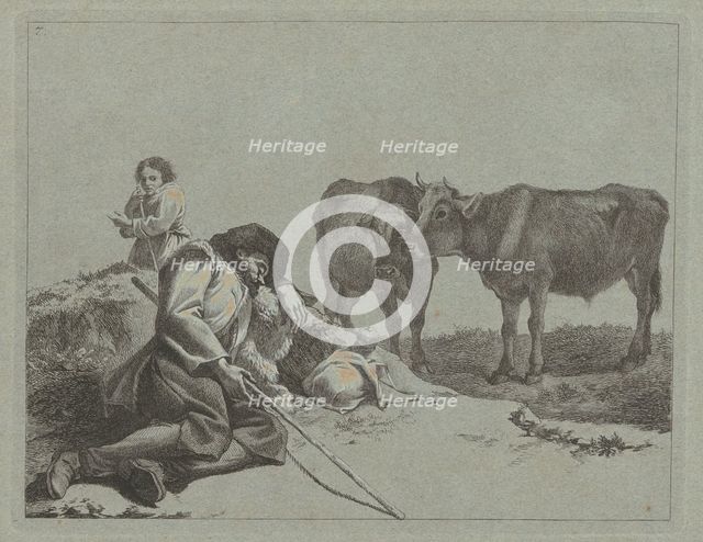 Sleeping Shepherd, Two Calves, and a Peasant Woman, 1762/1763. Creator: Francesco Londonio.